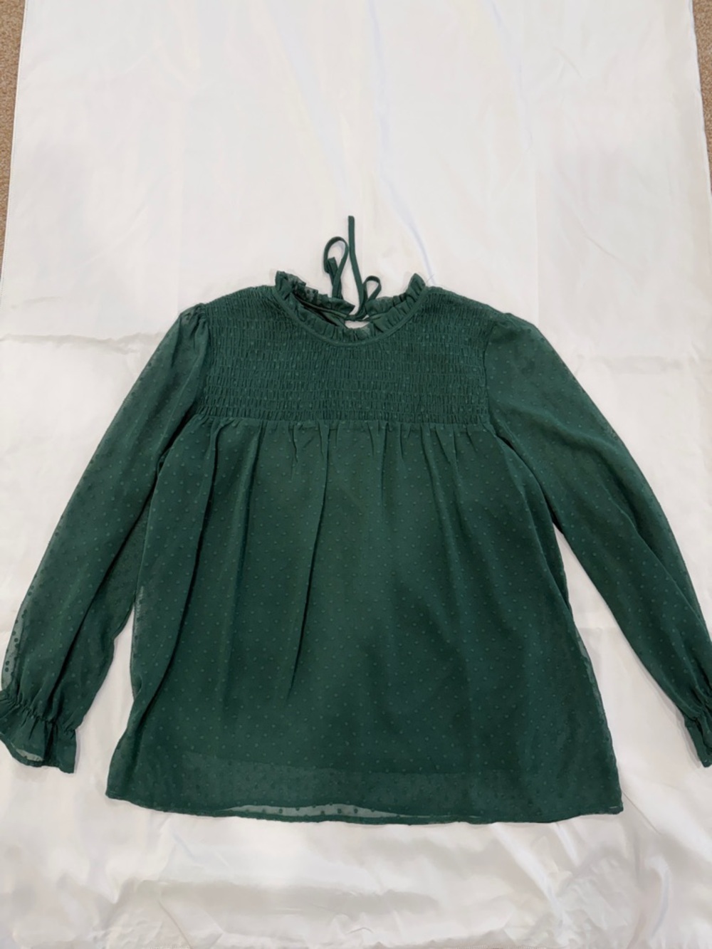 Women’s Smocked Long Sleeve Blouse - Ruffle Neck Dark Green—Large